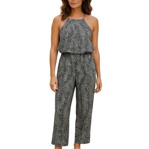 Vici halter top jumpsuit, Small, grey & white leaf print, wide legs, loose fit